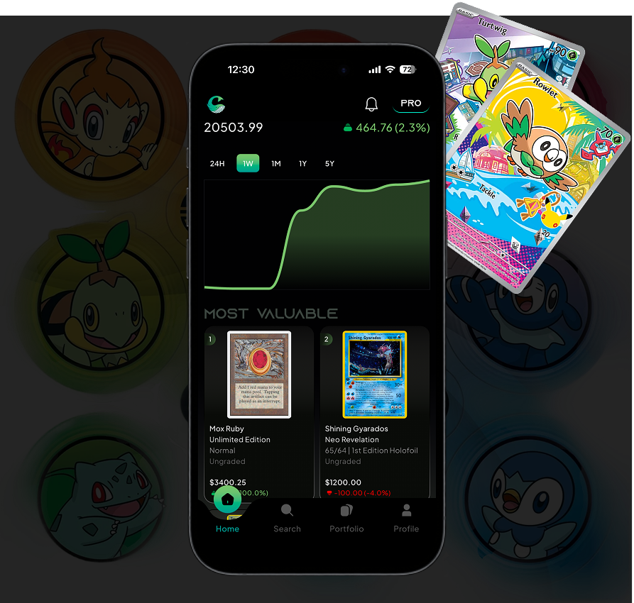 TCG portfolio performance chart and top valuable cards