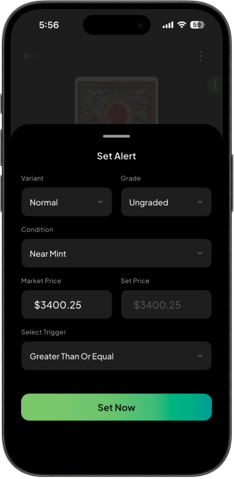 Cardwhale TCG price change alert setup screen