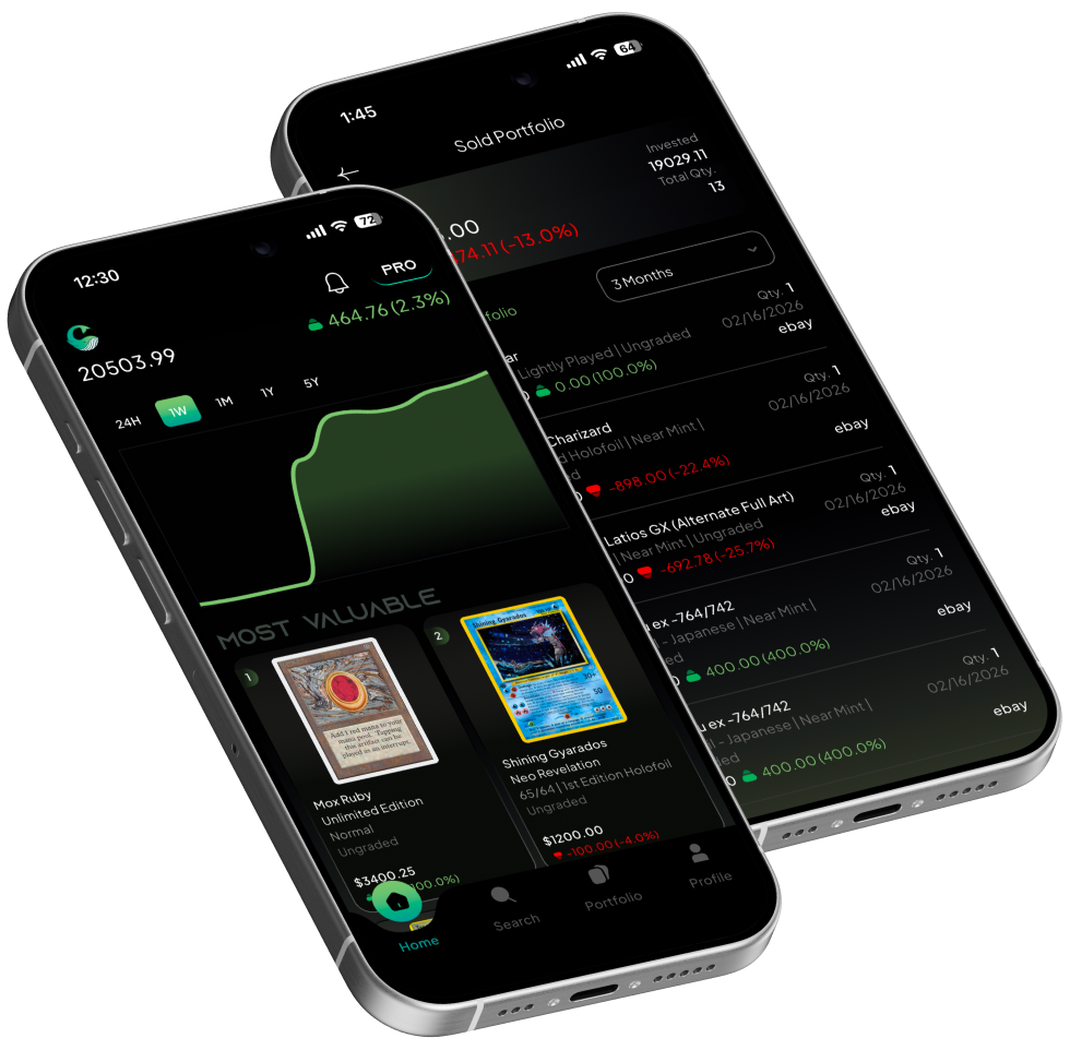 Mobile preview of Cardwhale TCG app dashboard and sold portfolio