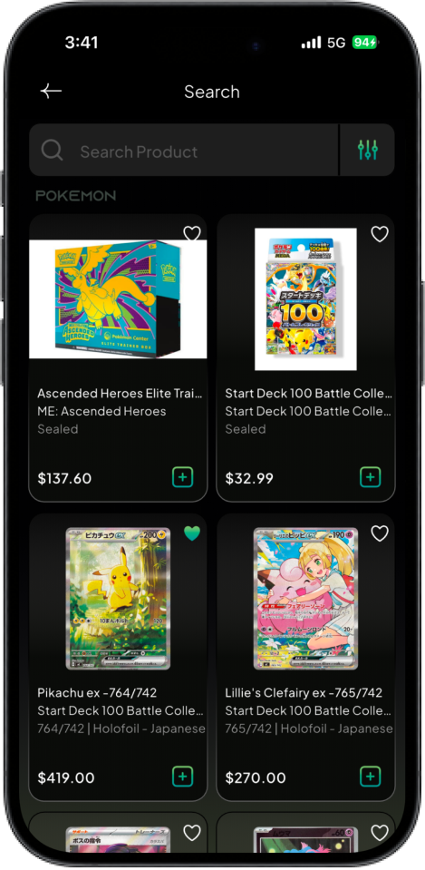 Cardwhale TCG search screen with advanced filtering